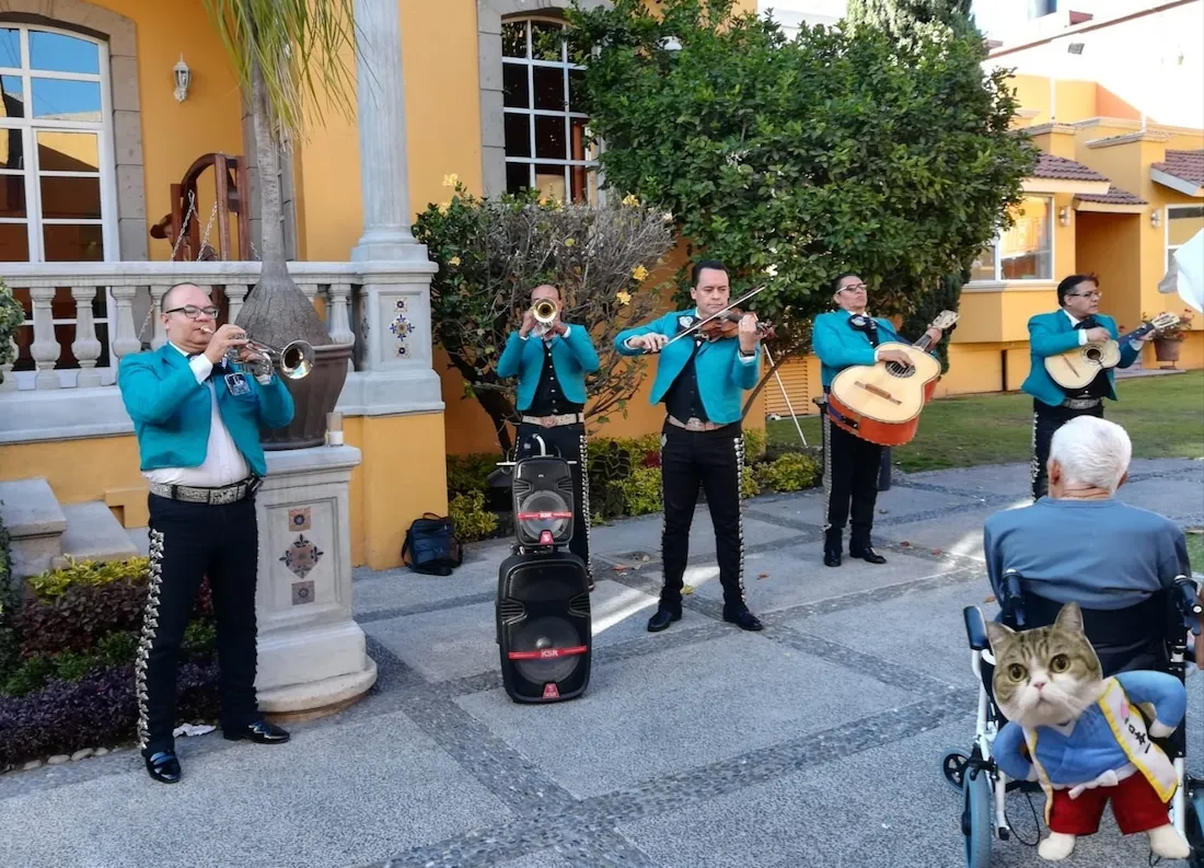 Grupo de mariachis tocando en un evento al aire libre